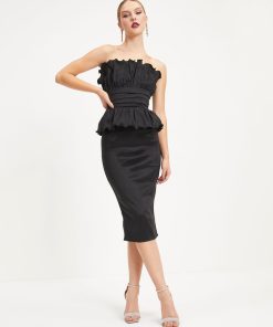 Raven Strapless Peplum Midi Dress - Black