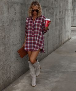 Averie Plaid Pocketed Shirt Dress - Red