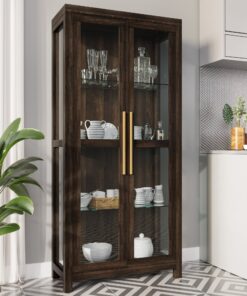 BELLEZE Storage Cabinet, Tall Bookshelf or Display Cabinet For Living Room Bedroom, Curio Cabinet with Tempered Glass Doors, Trophy Display Case, Storage/Organization - Avalon (Dark Walnut)